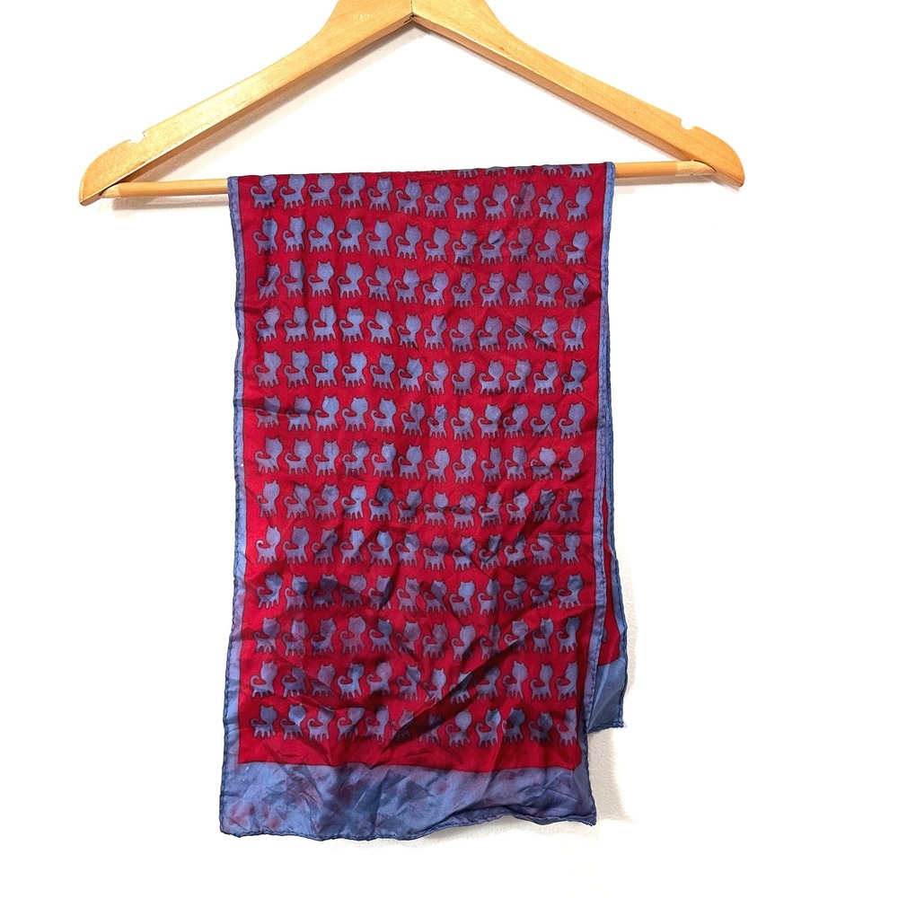 VTG 60s Cat Print Scarf Red Blue Novelty Kitty Japan MCM‎ Kitsch Accessory